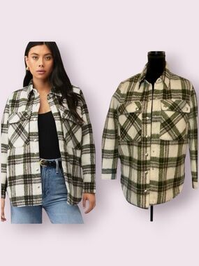 BlankNYC Wool Blend Plaid Jacket Shacket Cream & Green Size XS
